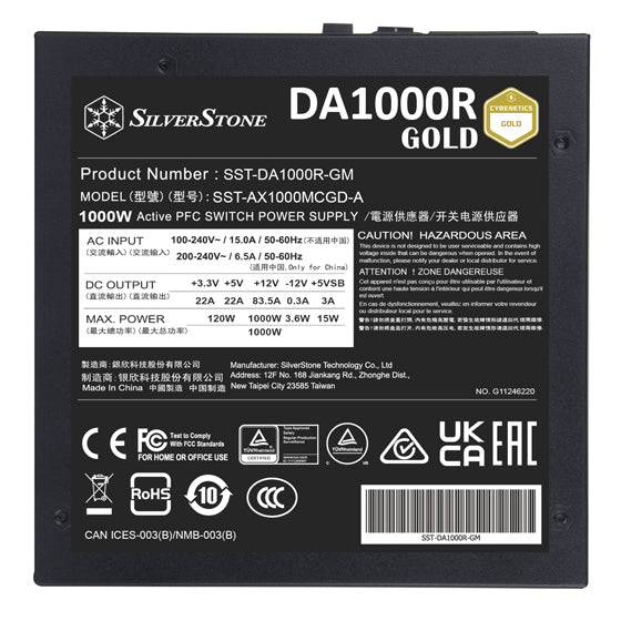 SilverStone Power Supply DA1000R Gold 1000W Fully Modular Black SilverStone Power Supply DA1000R Gold 1000W Fully Modular Black